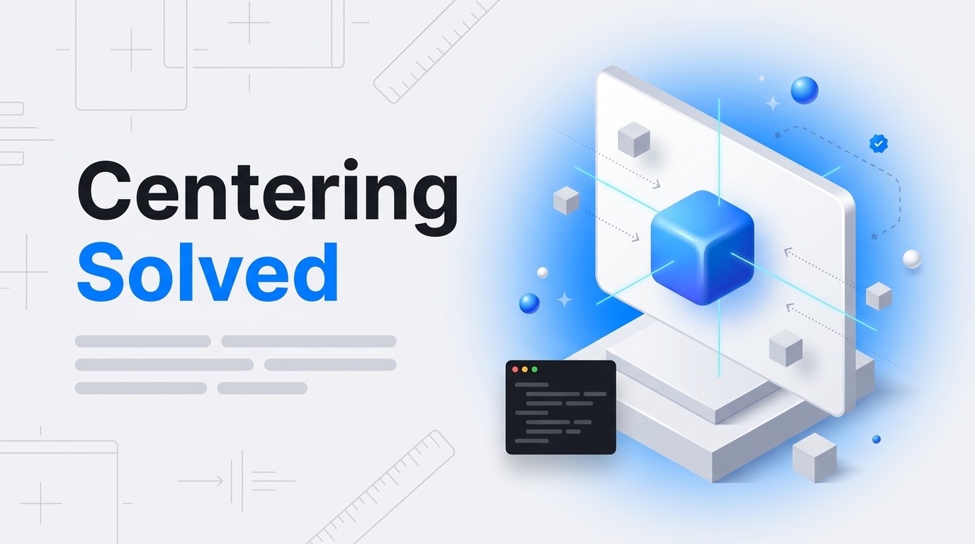 Thumbnail reading Centering Solved: a white panel with a blue-gradient cube centered between crosshair alignment guides.