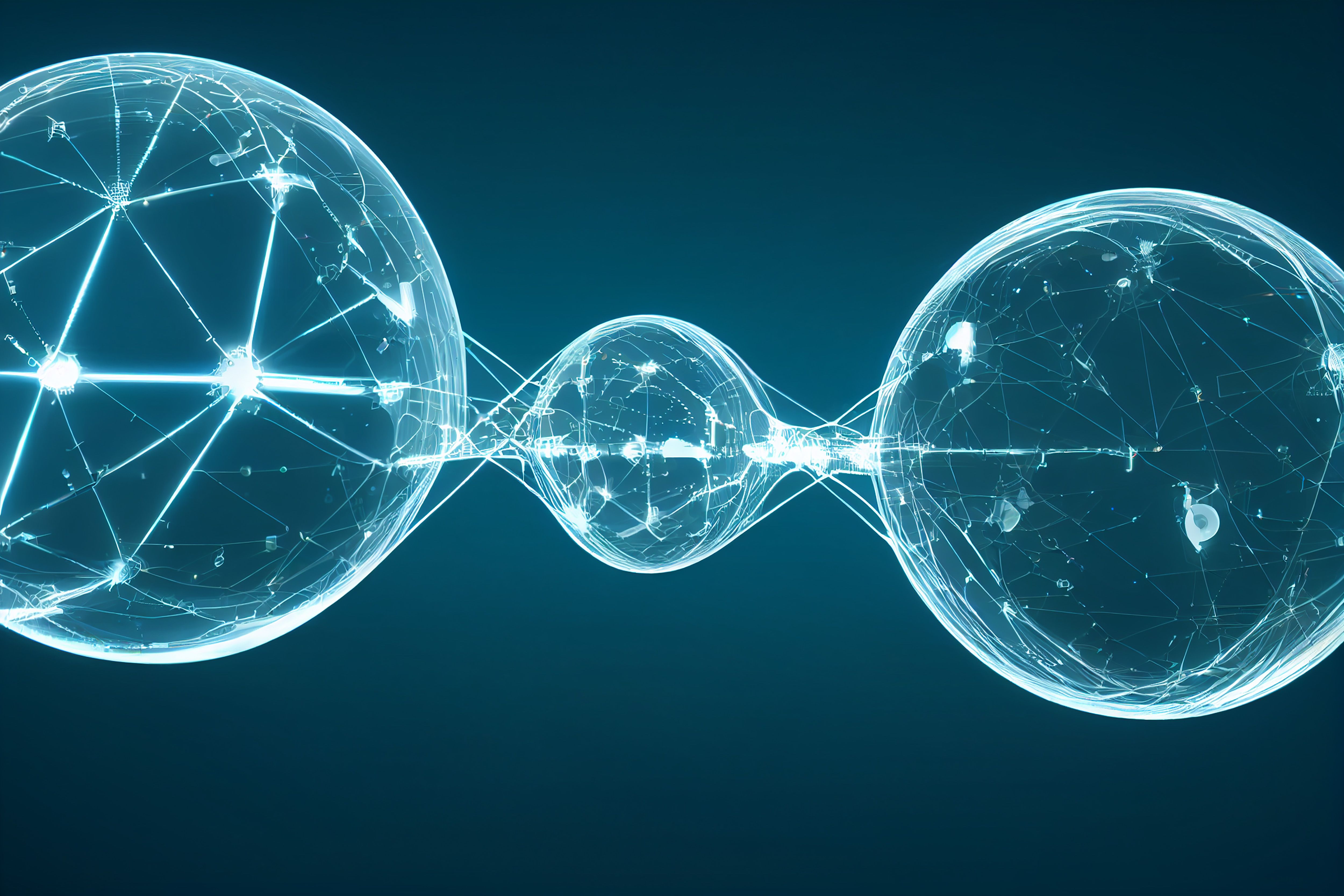 Glowing translucent spheres linked by light trails representing Apache Flink distributed dataflow nodes
