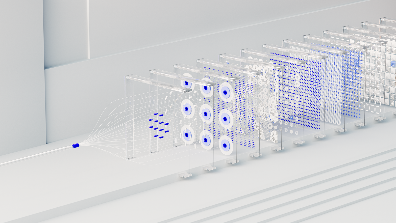 3D render of a single input branching into layered neural network nodes