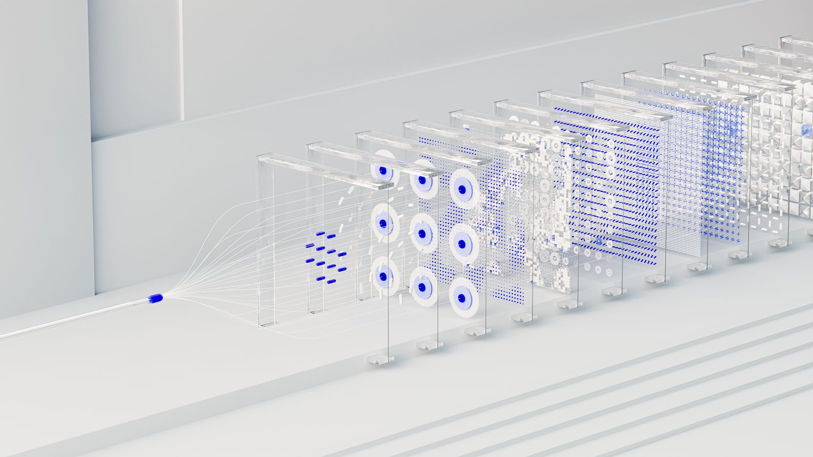 Abstract render of a single data stream branching into layered AI analysis panels
