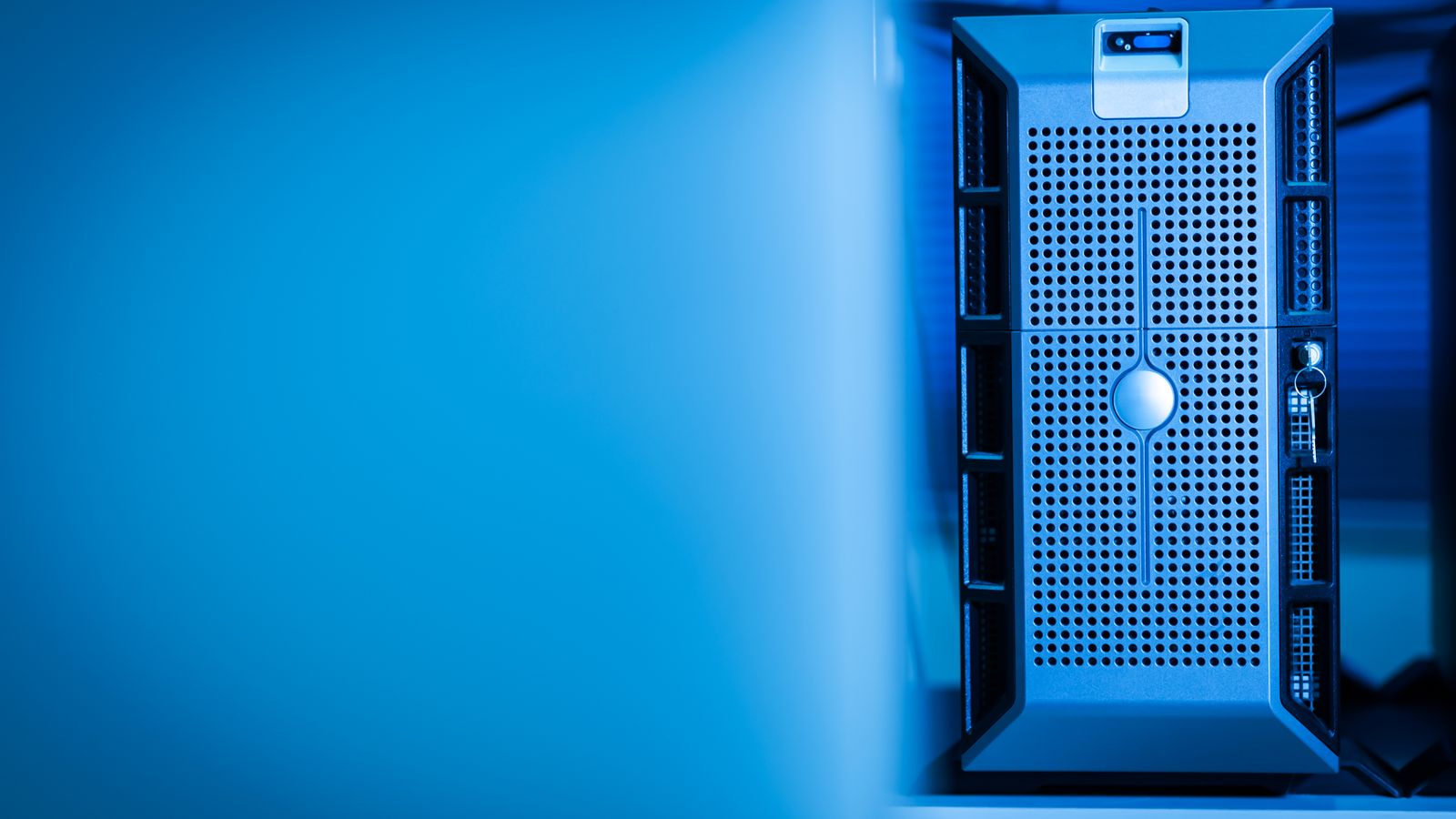 Blue-lit server hardware unit representing backend infrastructure in WordPress AI development