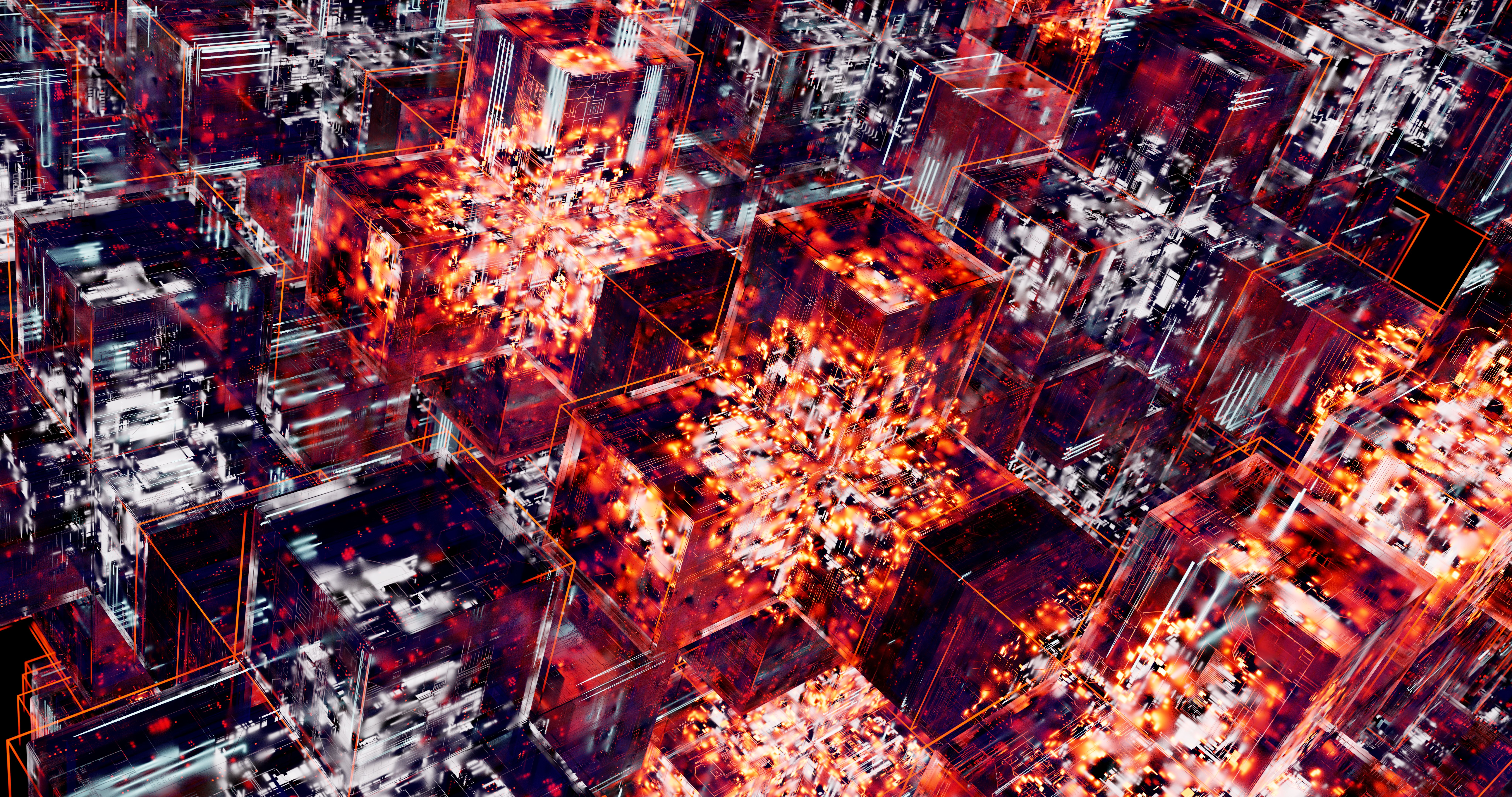 Abstract network of glowing connected cubes representing WooCommerce catalog data structure