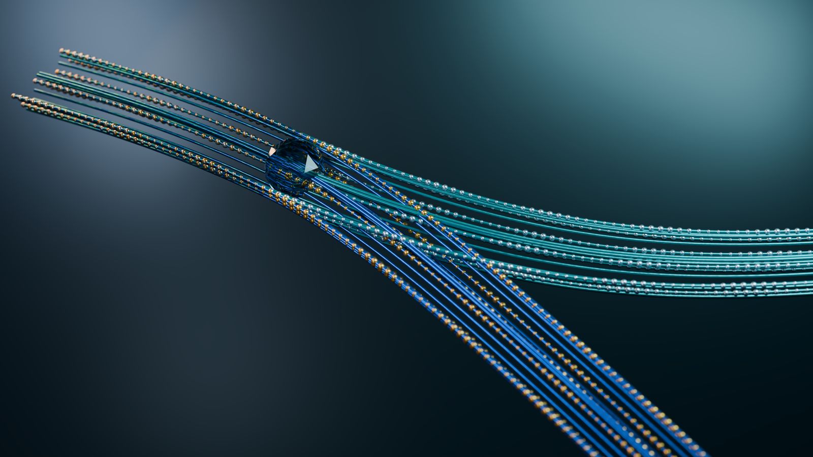 Abstract blue and gold data streams converging through a network node