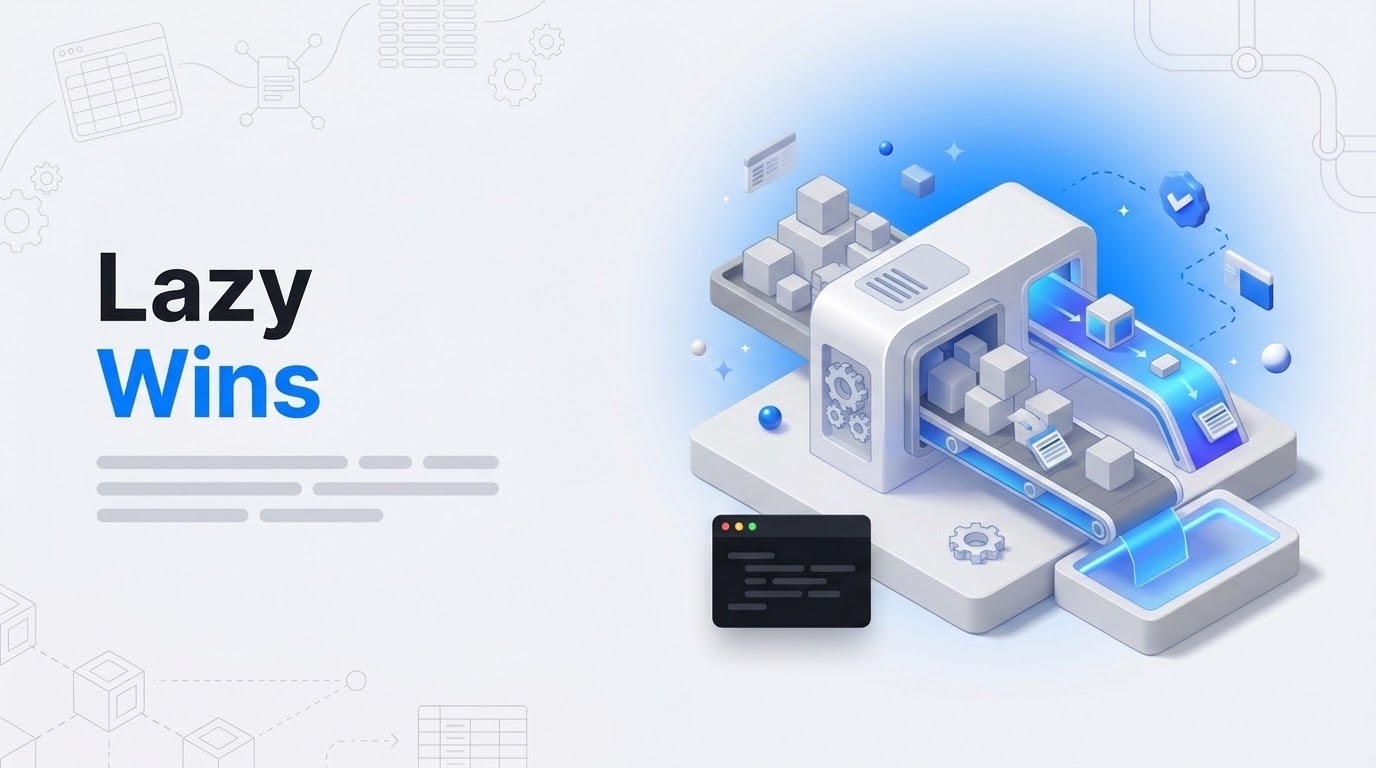 Bold text reading Lazy Wins beside an isometric engine with two conveyor lanes, one stacked with data blocks and one clear.