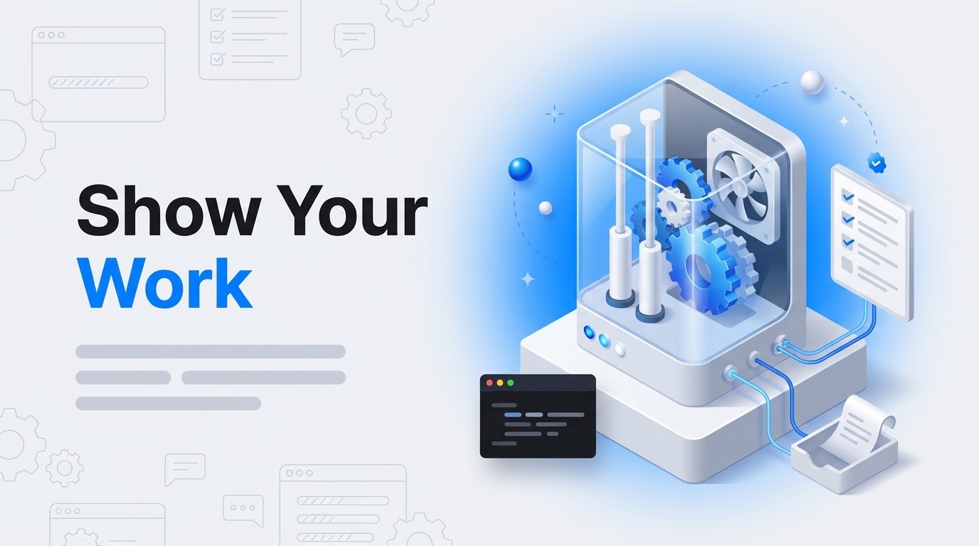 Text reading Show Your Work beside an isometric machine with a glass front revealing gears and a floating checklist.