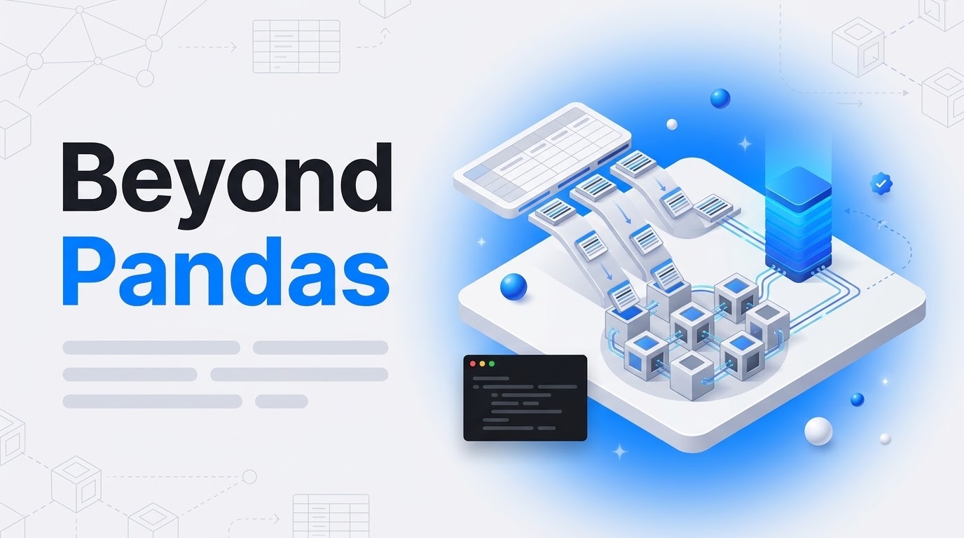 Bold text reading Beyond Pandas beside an isometric data table splitting into blocks fed to connected machine cubes.