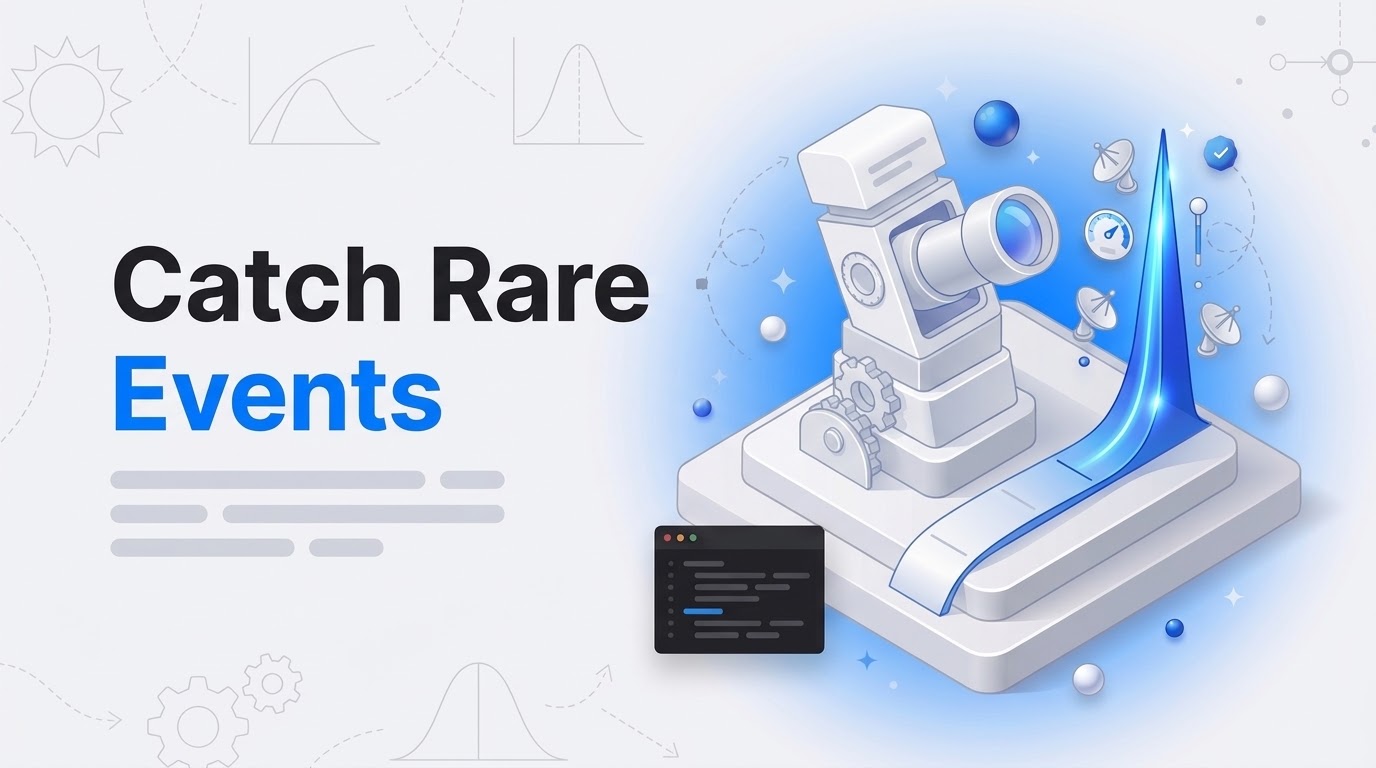 Catch Rare Events text next to an isometric observatory machine scanning a chart with a bright upward flare in its tail.