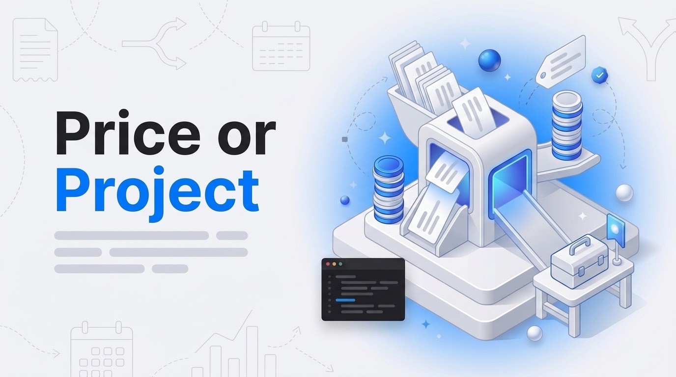 Price or Project in bold beside an isometric gate splitting renewal papers toward a coin ramp and an empty workbench.