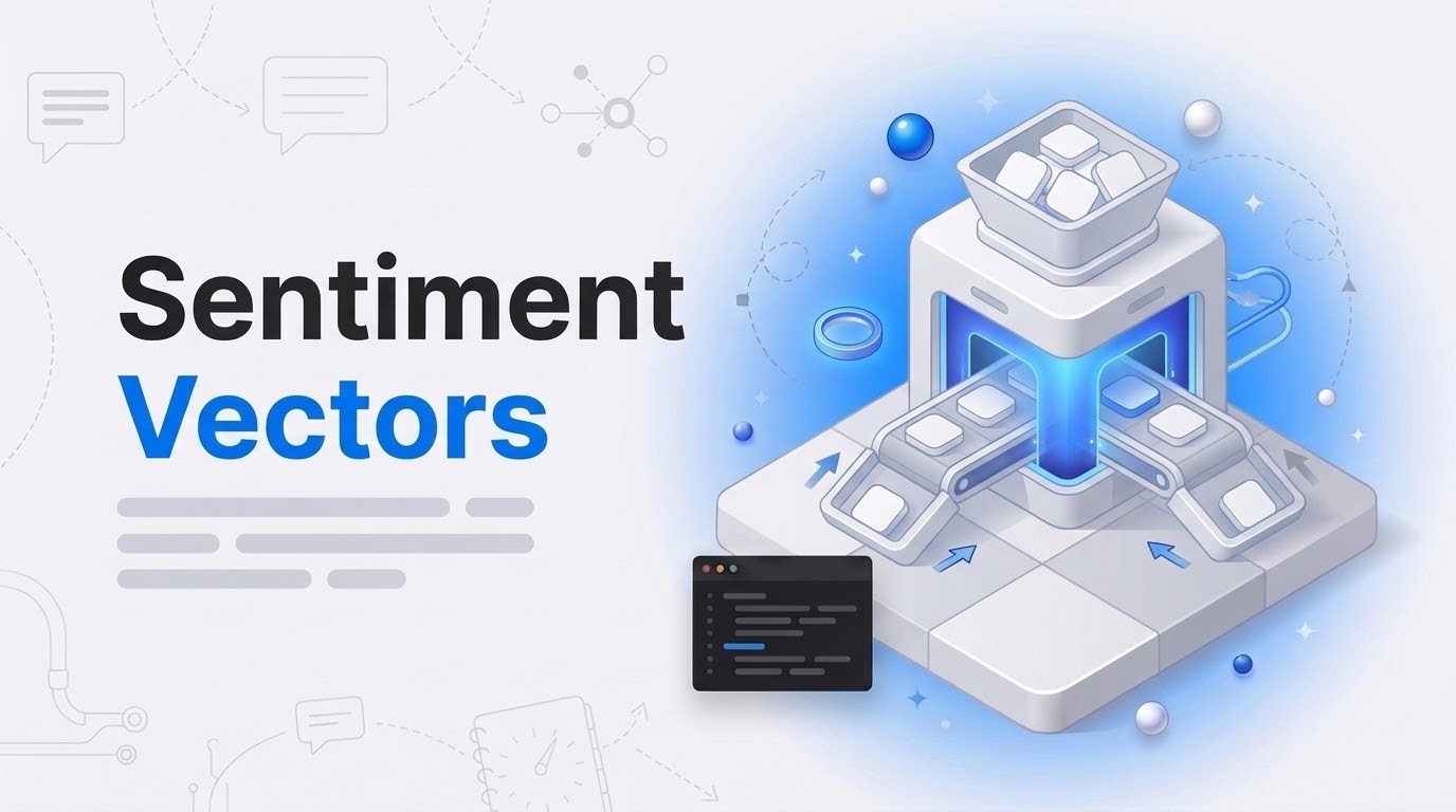 Isometric machine sorting blank tiles through a blue core into two trays, next to bold text reading Sentiment Vectors.
