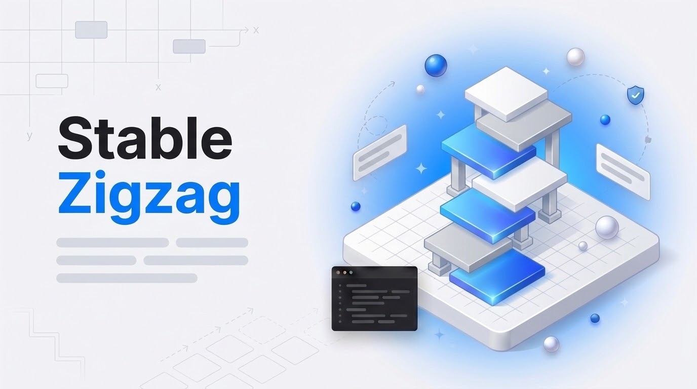 Stable Zigzag: white isometric grid platform with a staircase of slabs, alternating slabs shifted and held by small pillars.