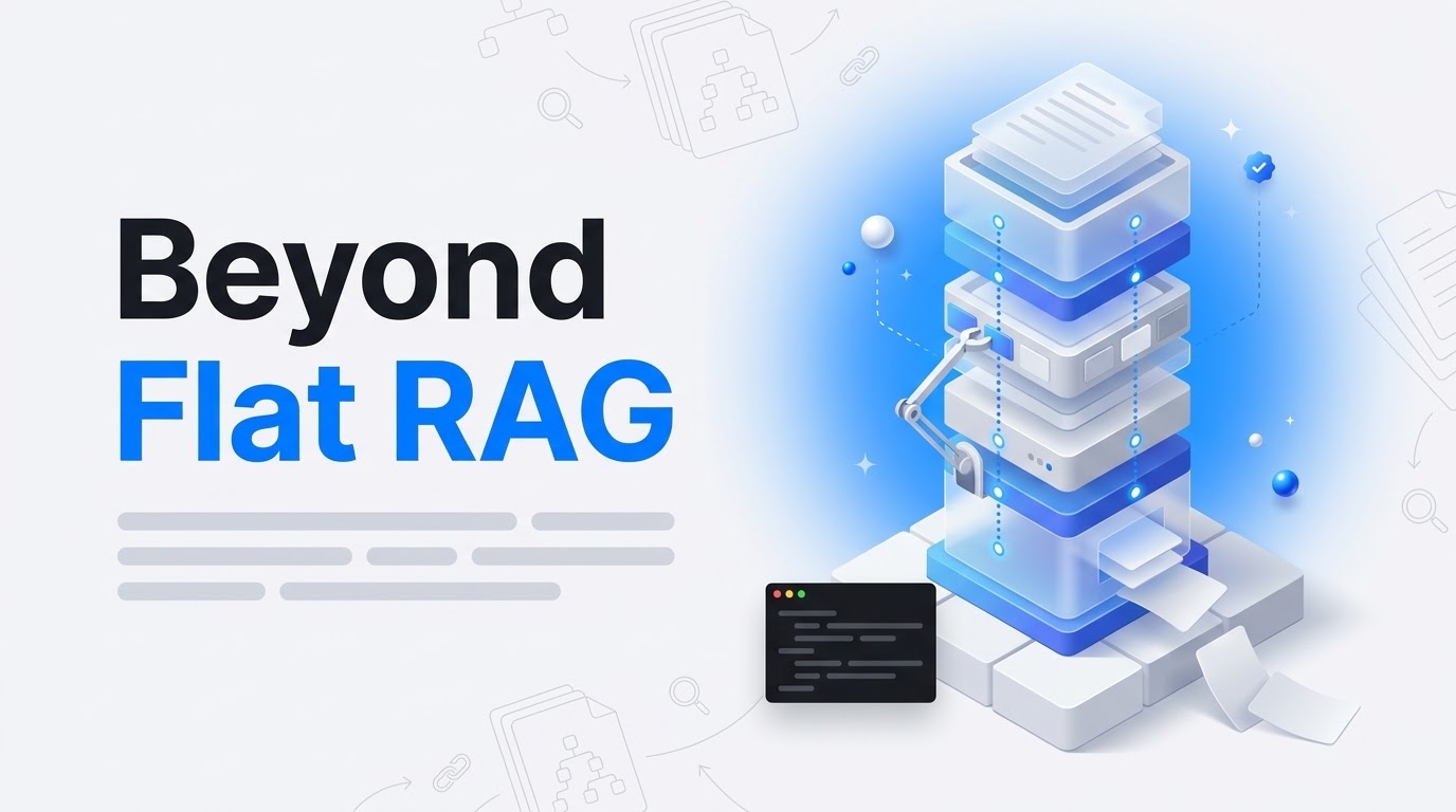 Bold words "Beyond Flat RAG" beside an isometric document tower linked by a glowing breadcrumb trail with floating cards.