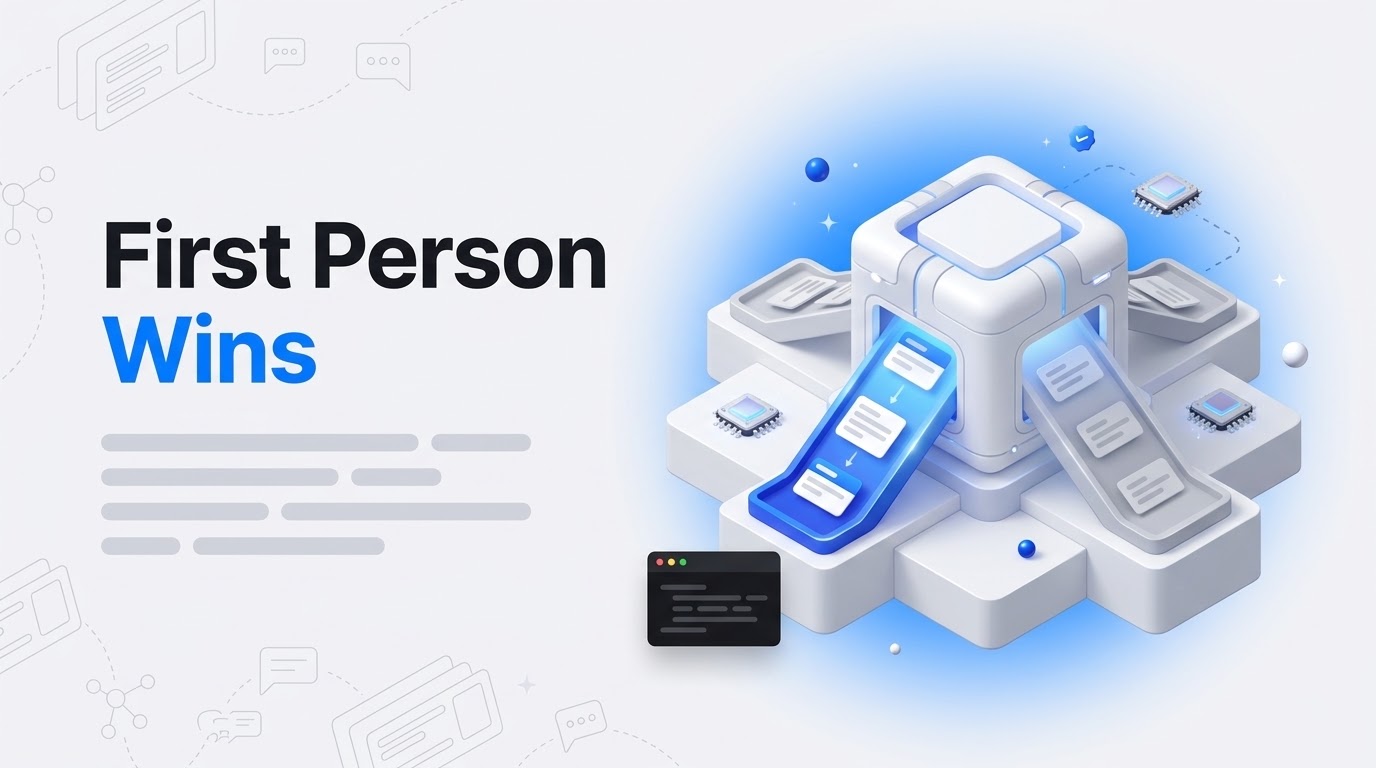 Bold text First Person Wins beside an isometric block fed by three card trays, the blue center tray merging into it.