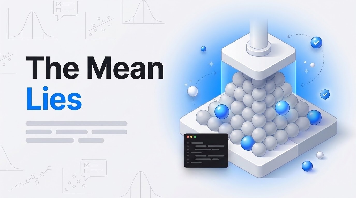 Thumbnail: The Mean Lies. A gray sphere bell curve is squeezed into one column by a white press, blue spheres drift away.