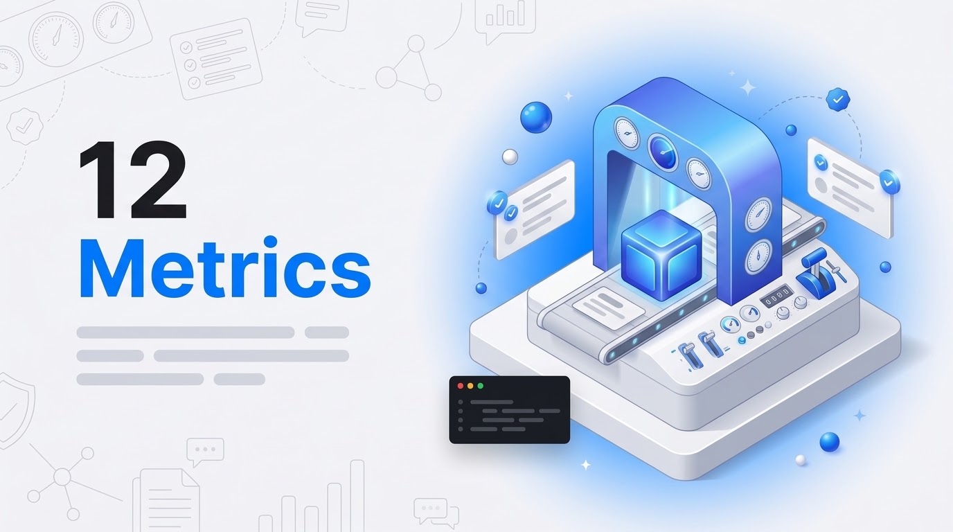 The words 12 Metrics beside an isometric test bench with a scanner arch, gauges, and a glowing agent module.