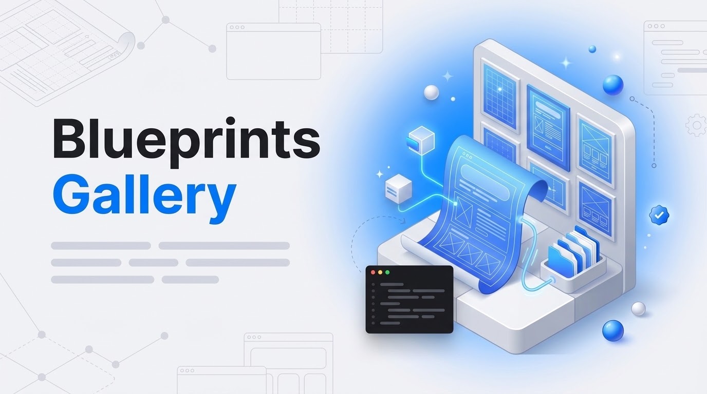 Blueprints Gallery hook beside an isometric gallery wall of framed blueprint sheets with floating site blocks.