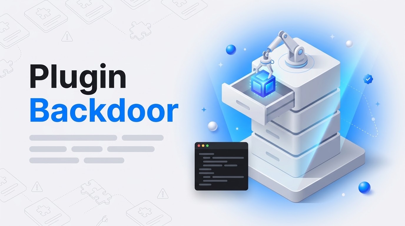 Big bold text reading Plugin Backdoor beside an isometric stack of plugin blocks with one open block and a blue scan beam.