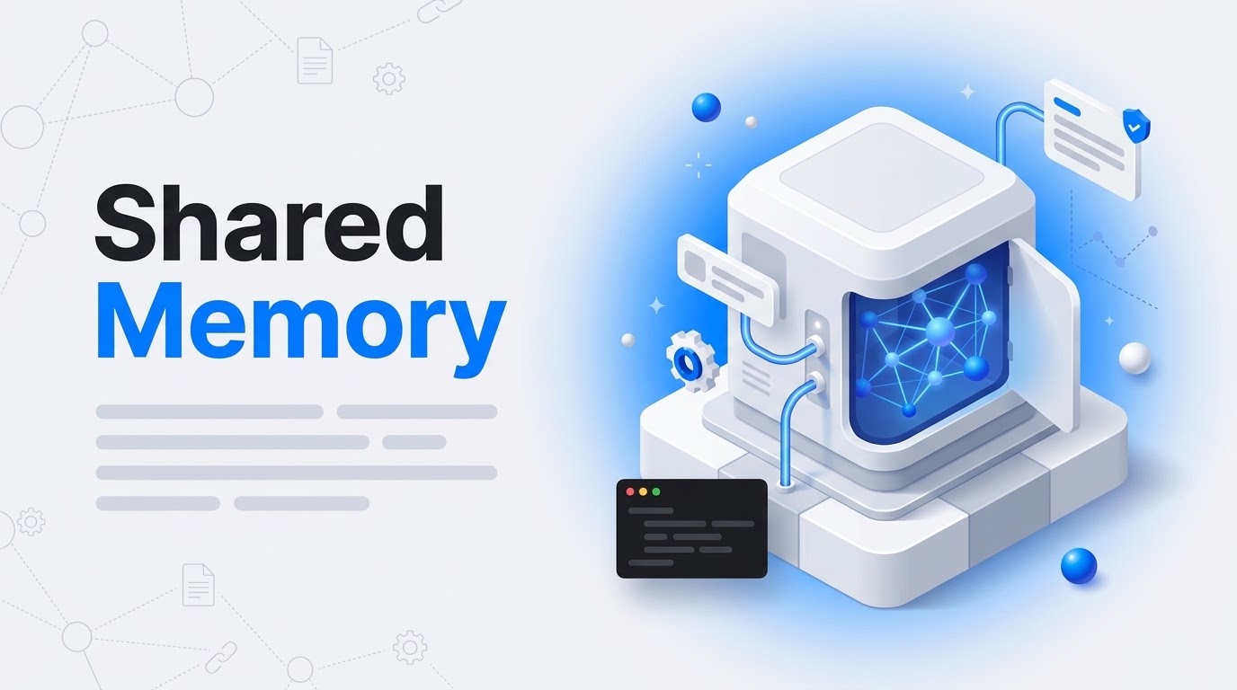 Bold text Shared Memory beside an isometric server block holding a blue graph of connected nodes, pipes and a gear wheel.