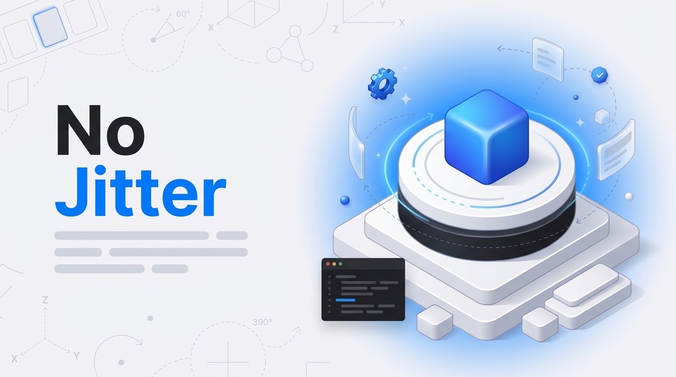 Thumbnail reading No Jitter next to an isometric turntable with a spinning disc, blue cube and faint motion arcs.