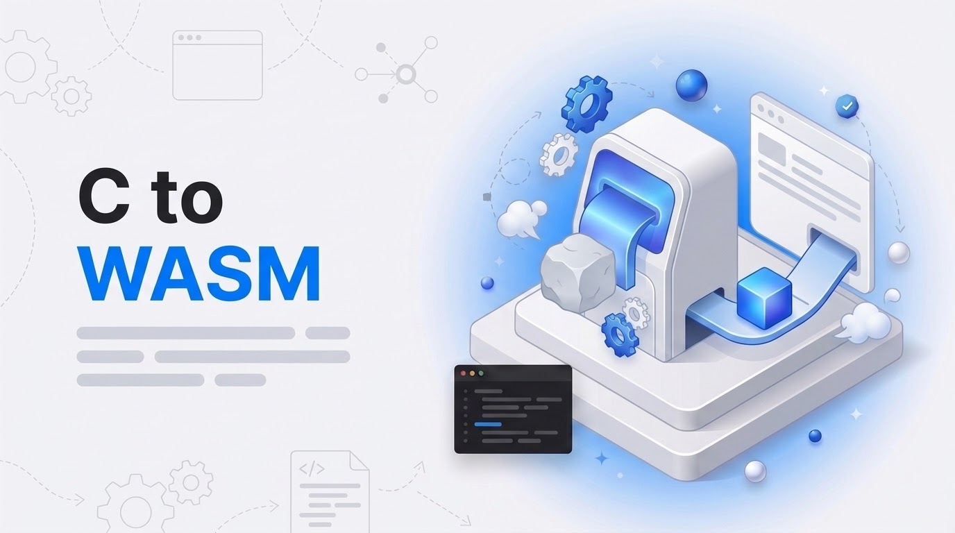 Bold text reading C to WASM beside an isometric gray machine turning a stone block into a glowing cube near a screen.