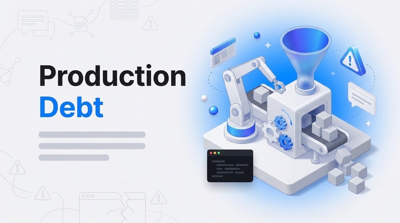 A stalled isometric robot arm at a jammed conveyor, piled blocks and a warning triangle, under the words Production Debt.