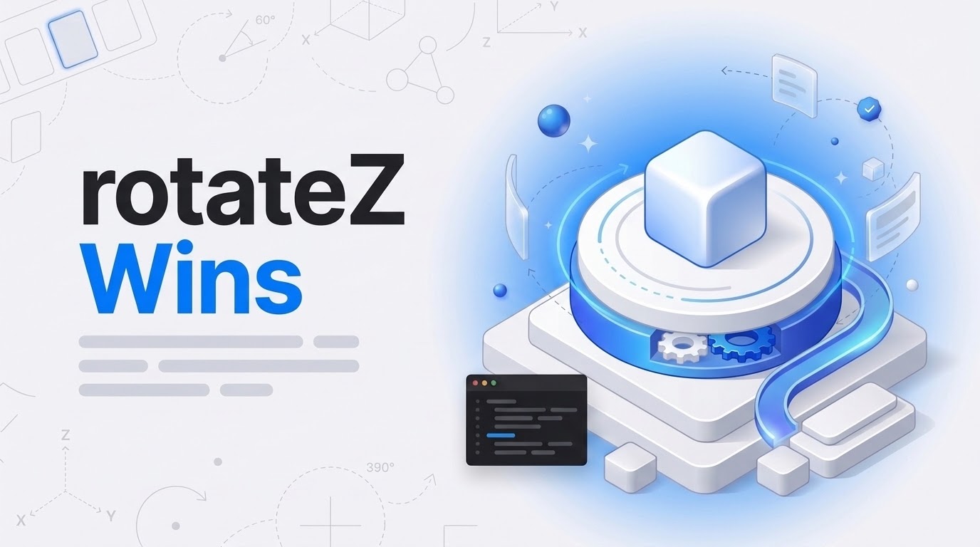 rotateZ Wins: a white cube spins on an isometric turntable above glowing rings and gears, with a bypass lane around it.
