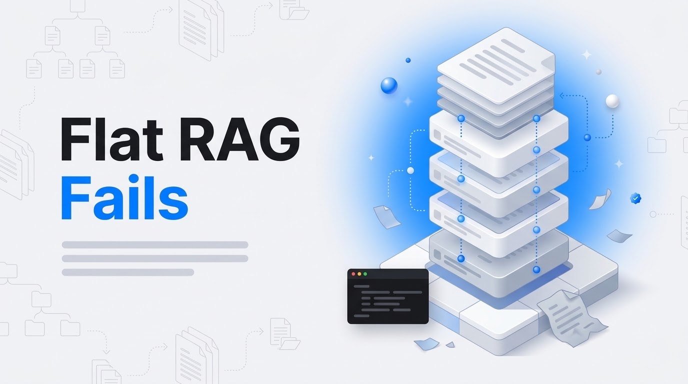 Bold text Flat RAG Fails beside an isometric tower of stacked document layers with dotted breadcrumb trails.
