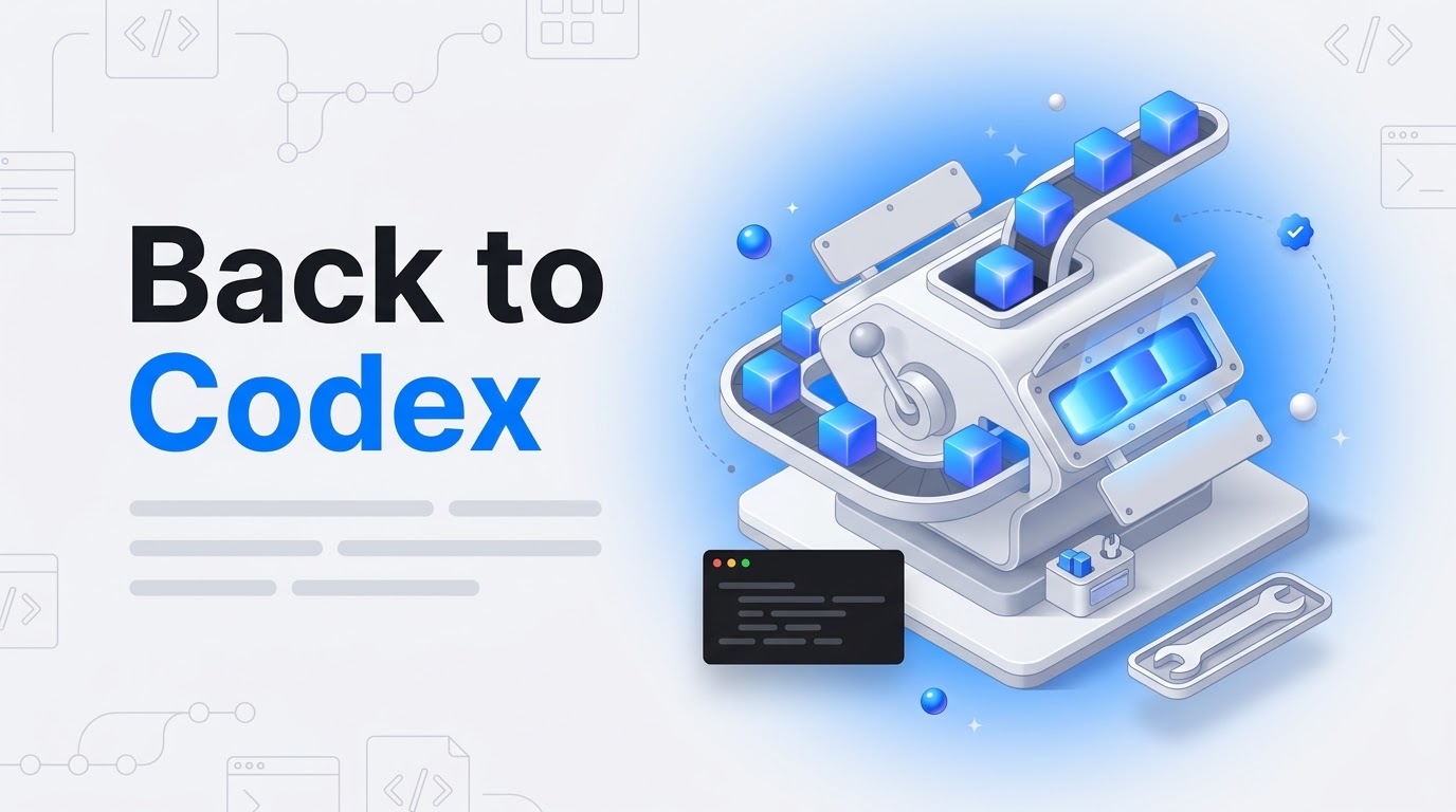 Bold text reading Back to Codex beside an isometric engine block with a lever routing glowing cubes into it.