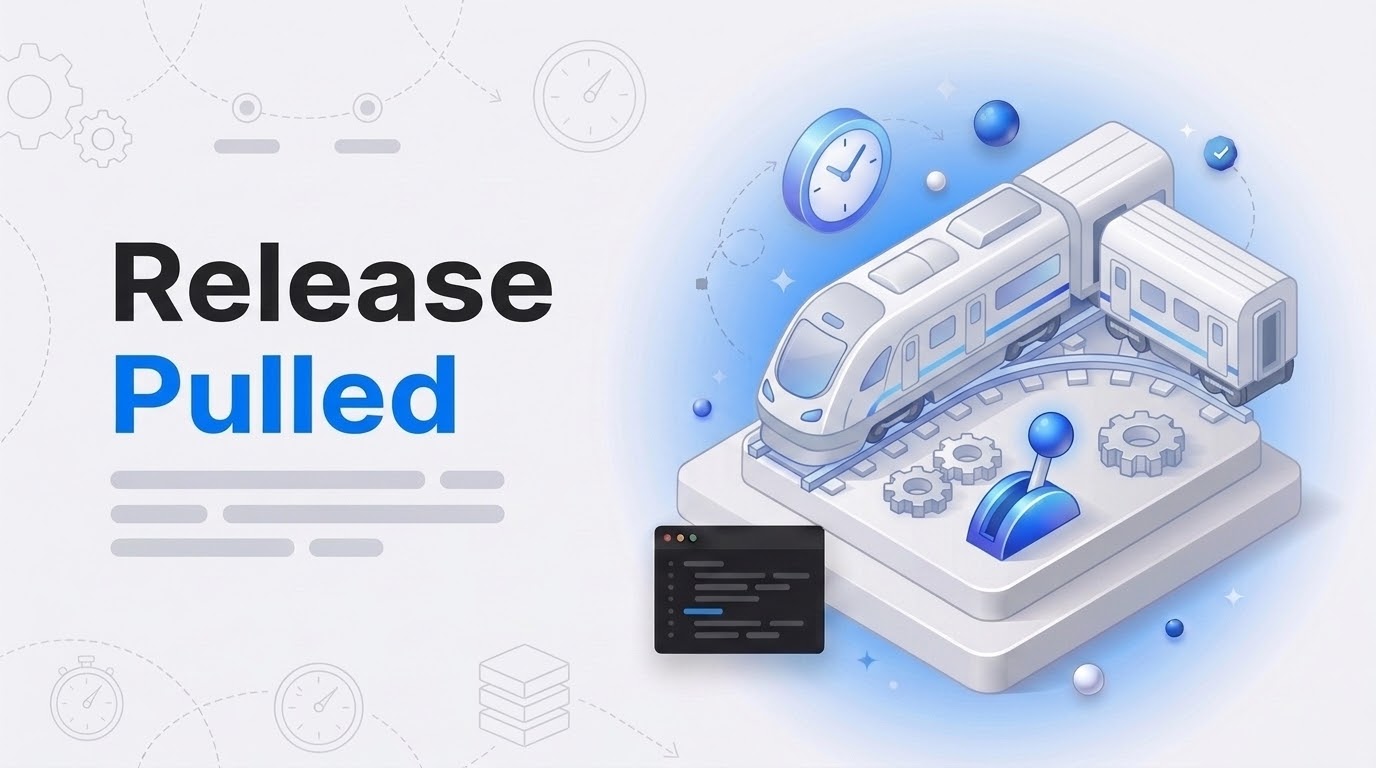 Big bold text reads Release Pulled next to an isometric white train rolled back onto a side rail with gears and a clock.