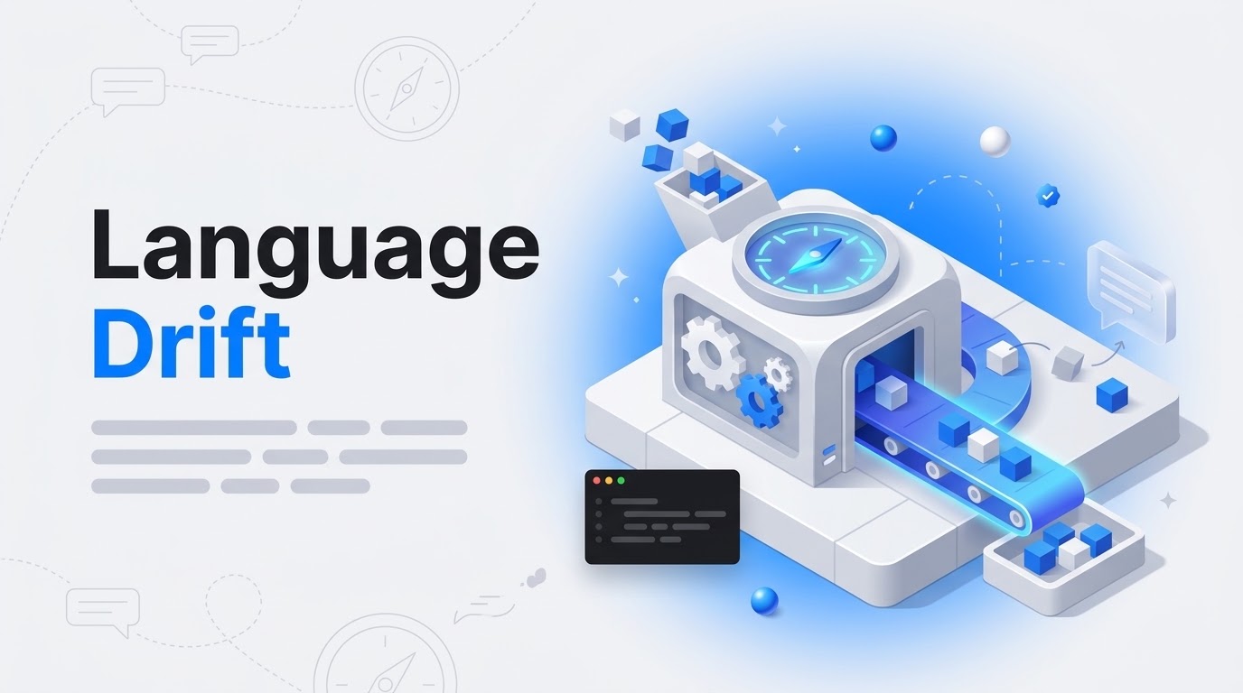 Thumbnail with the words Language Drift beside an isometric machine steering a stream of blocks toward two chat bubbles.