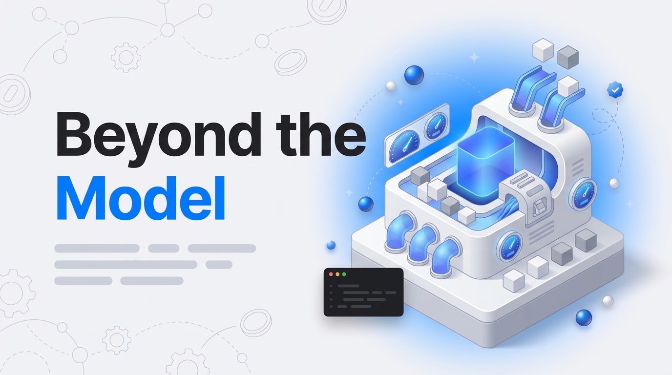 Bold text Beyond the Model beside an isometric routing machine with pipes, token cubes, and floating gauges.