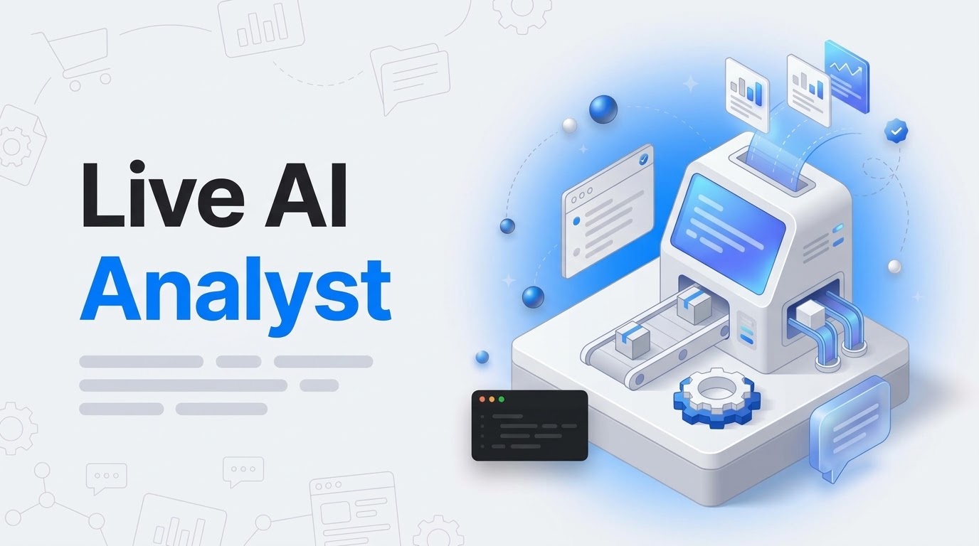 Isometric analyst console with glowing screen and floating chart cards beside the words Live AI Analyst