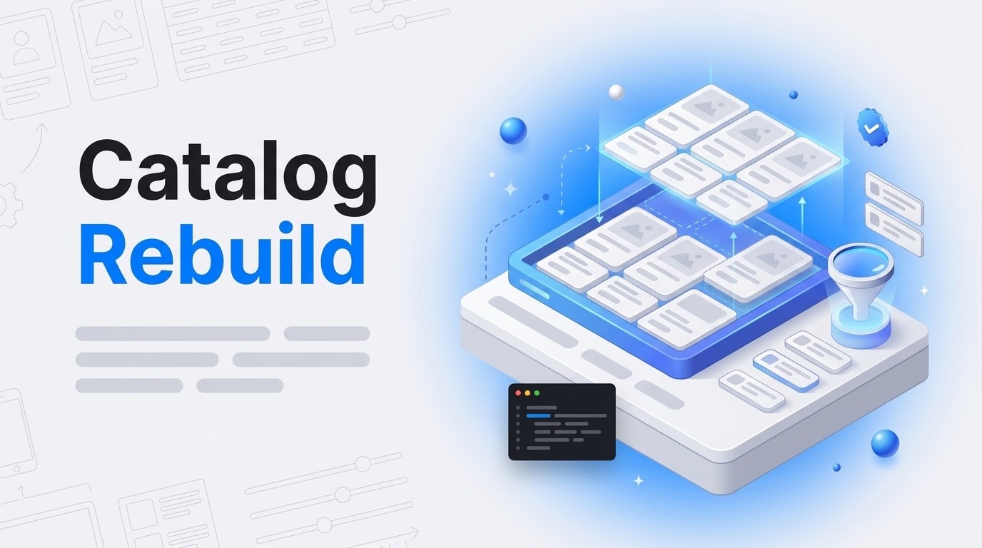 Bold text reading Catalog Rebuild next to an isometric workbench rebuilding a product grid with floating tiles.