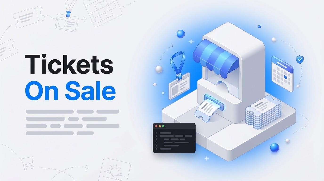 Bold text Tickets On Sale beside an isometric white ticket booth dispensing stubs with floating badges nearby.