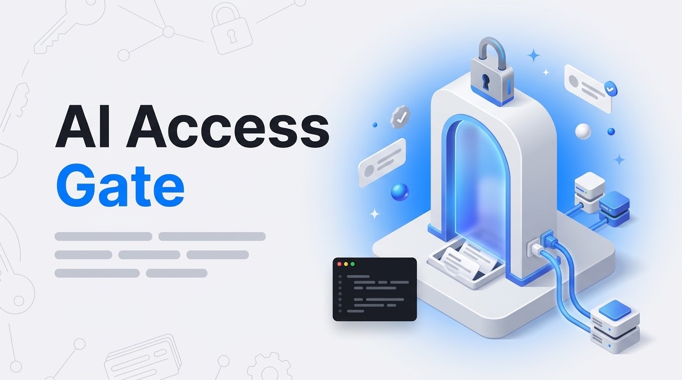 Isometric gateway arch reading AI Access Gate, server cables plugged in, a padlock on top and record cards below.