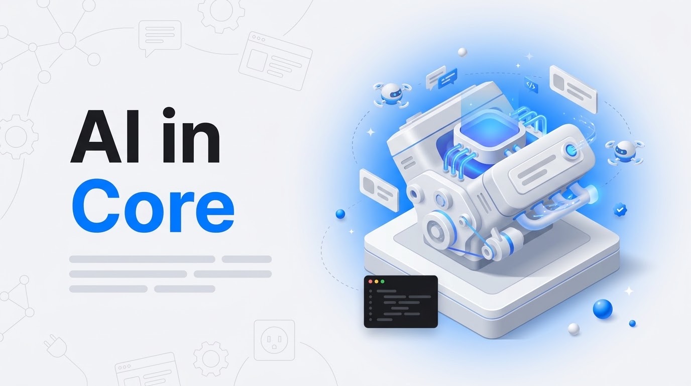 Bold text reading AI in Core beside an isometric engine with a glowing blue core on a raised pedestal slab.