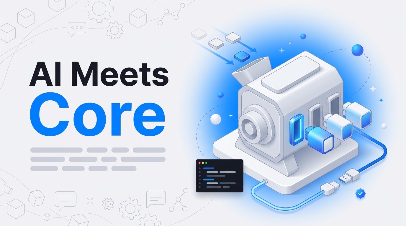 Bold text AI Meets Core beside an isometric engine block with floating modules, plug heads and small tiles.