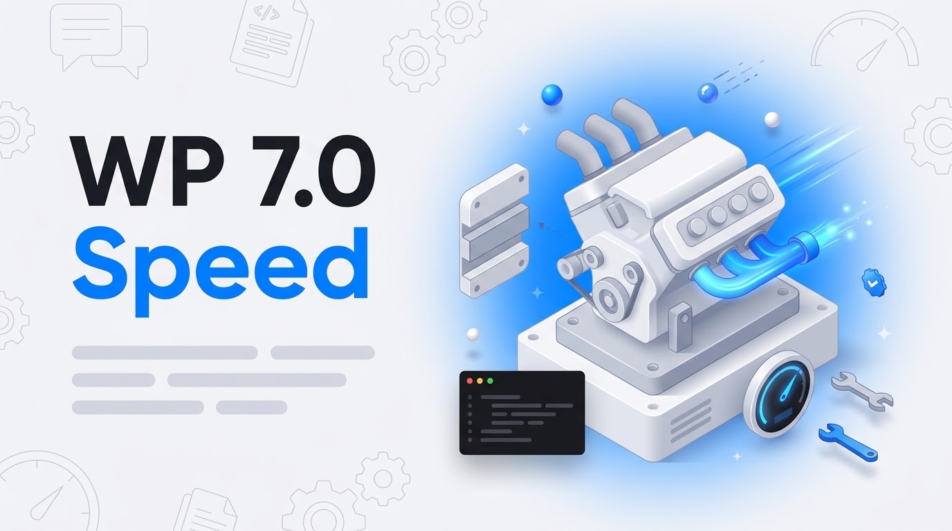 Large hook text WP 7.0 Speed beside a white isometric engine on a bench with floating wrenches, gauge and blocks.