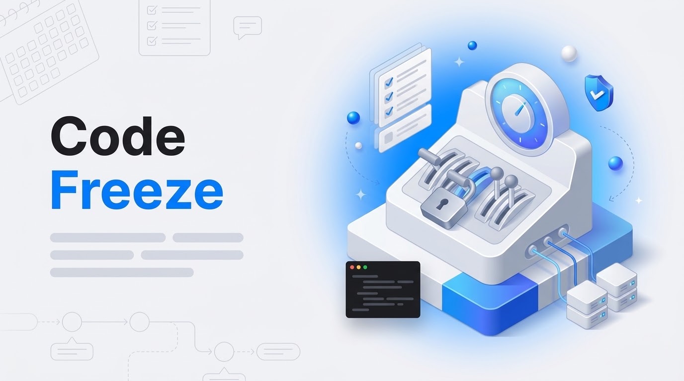 Code Freeze: isometric control console with locked levers, a padlock, clock dial and floating checklist cards.