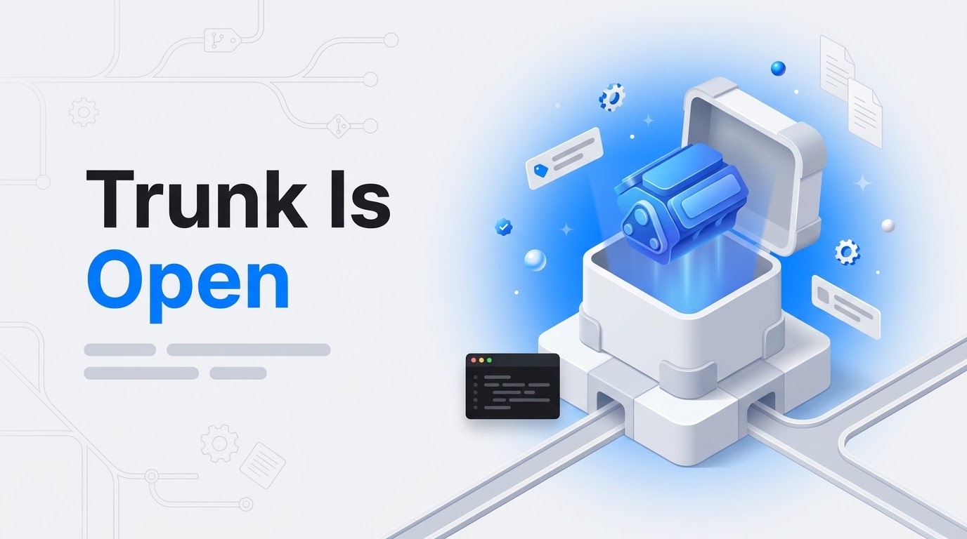 Bold text reading Trunk Is Open beside an open isometric trunk with a glowing engine block rising out and floating gears.