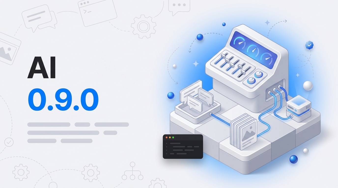 Bold text reads AI 0.9.0 next to an isometric control console with sliders and floating chat bubbles and cards.