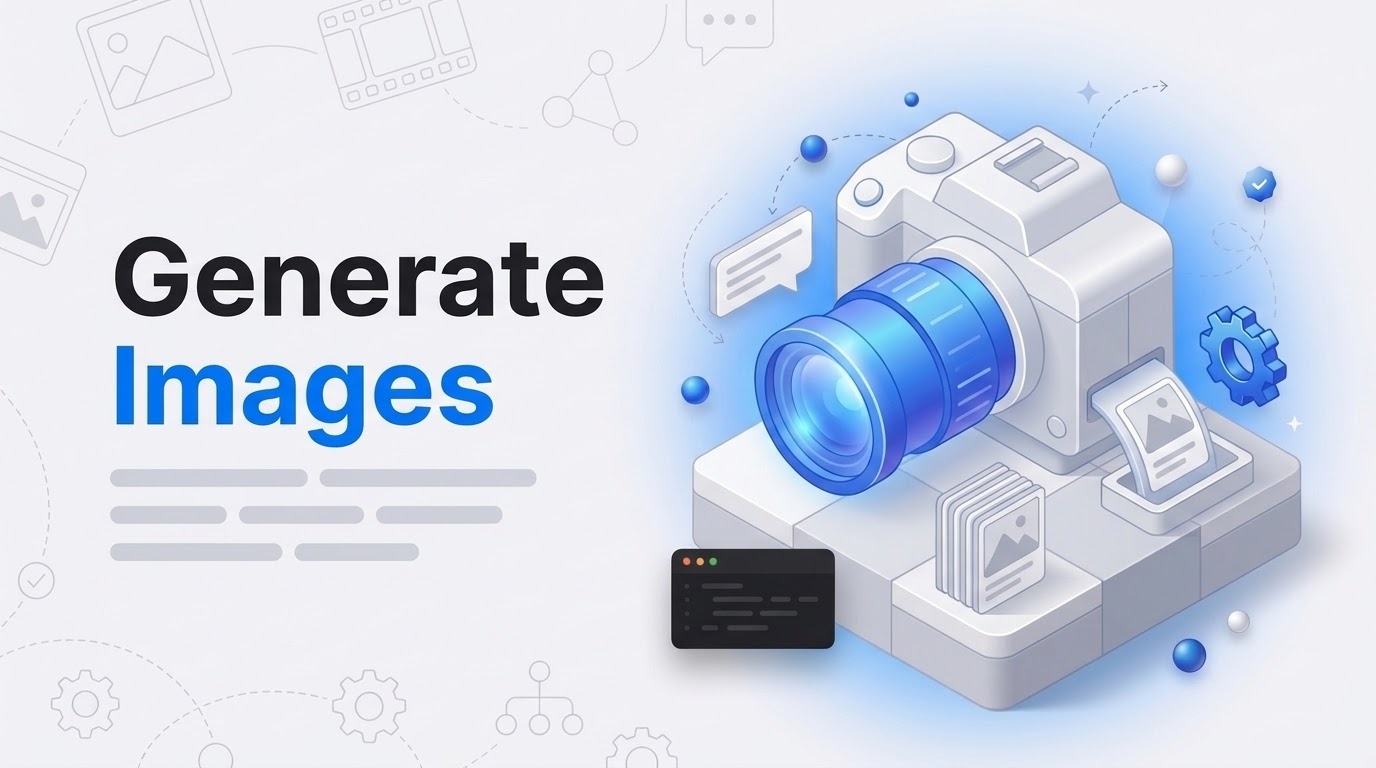 Generate Images hook beside an isometric camera machine printing framed pictures with floating prompt cards.