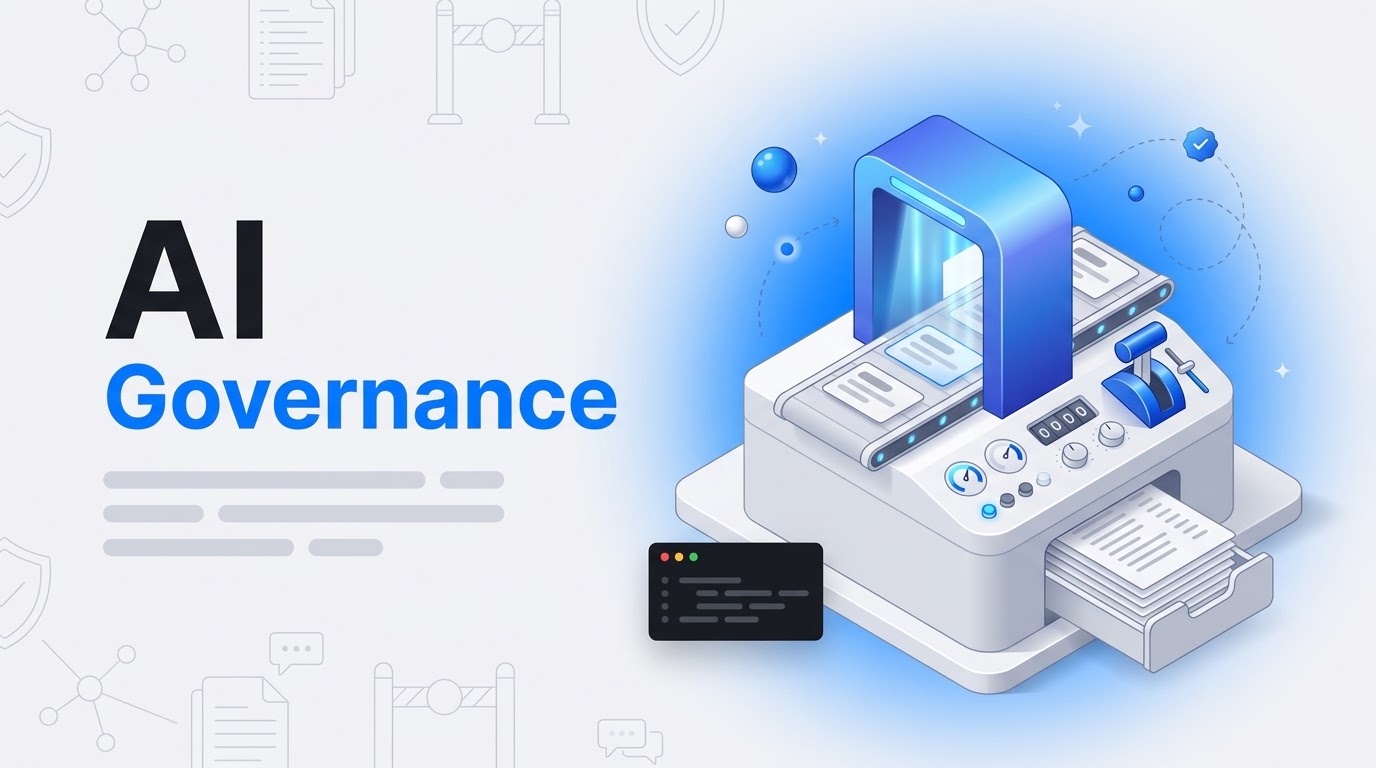 Bold text reading AI Governance next to an isometric checkpoint console with request cards, a lever and a log stack.