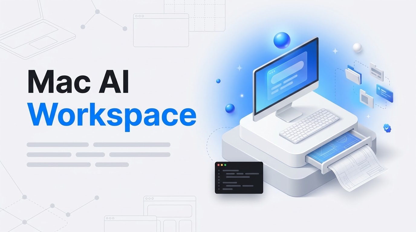 Bold text Mac AI Workspace next to an isometric desktop console with a hovering orb and blueprint panels.