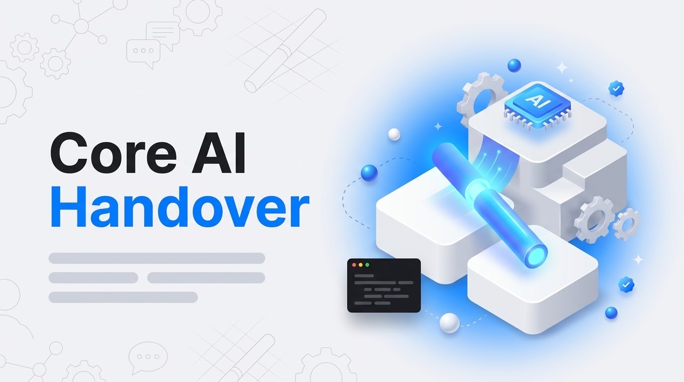 Blog thumbnail with the words Core AI Handover beside an isometric pedestal passing a glowing baton to a platform.