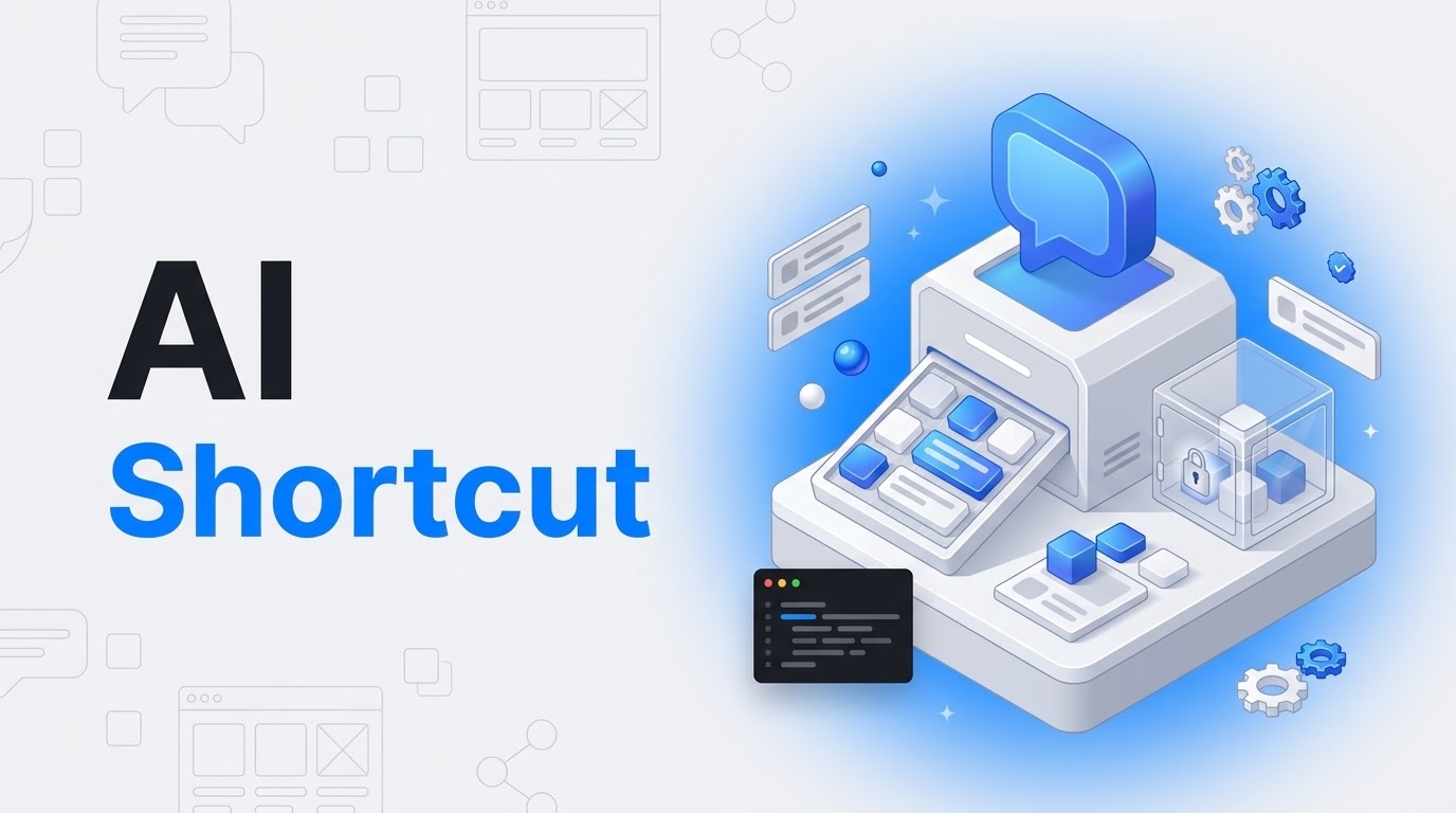 Big bold text reads AI Shortcut beside an isometric chat bubble machine placing blocks, some locked in a small vault.