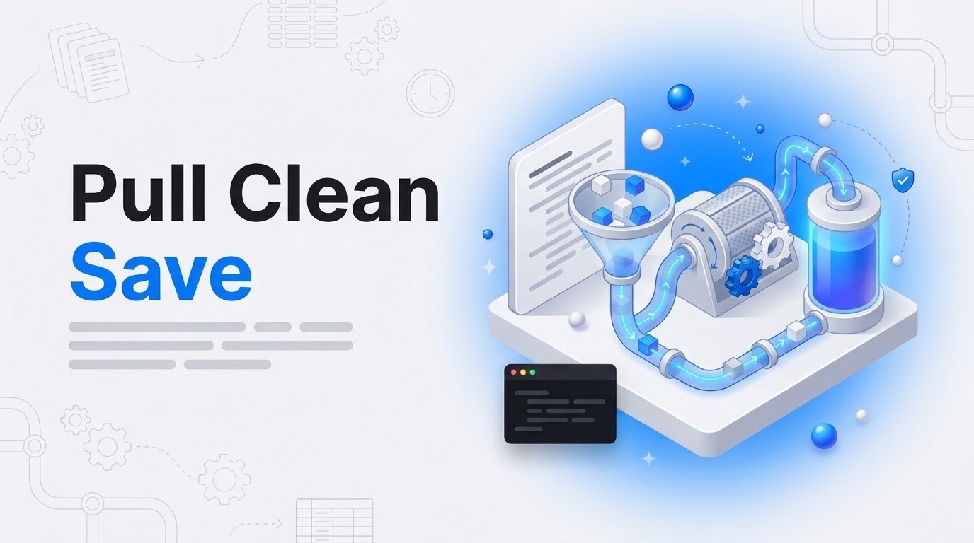 Big text Pull Clean Save next to an isometric pipeline machine with a notebook funnel, cleaning drum and storage tank.