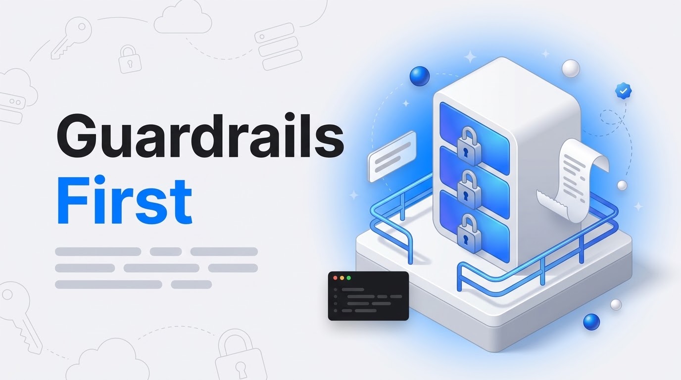 Guardrails First: an isometric key cabinet with padlocked drawers wrapped by blue guardrail rails and floating tags.