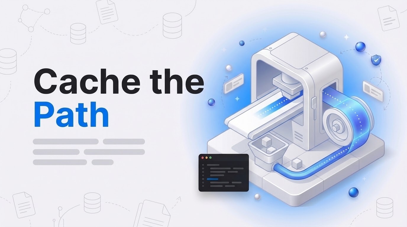 Bold text Cache the Path beside an isometric machine stamping a dotted track, with token cubes falling into a hopper.