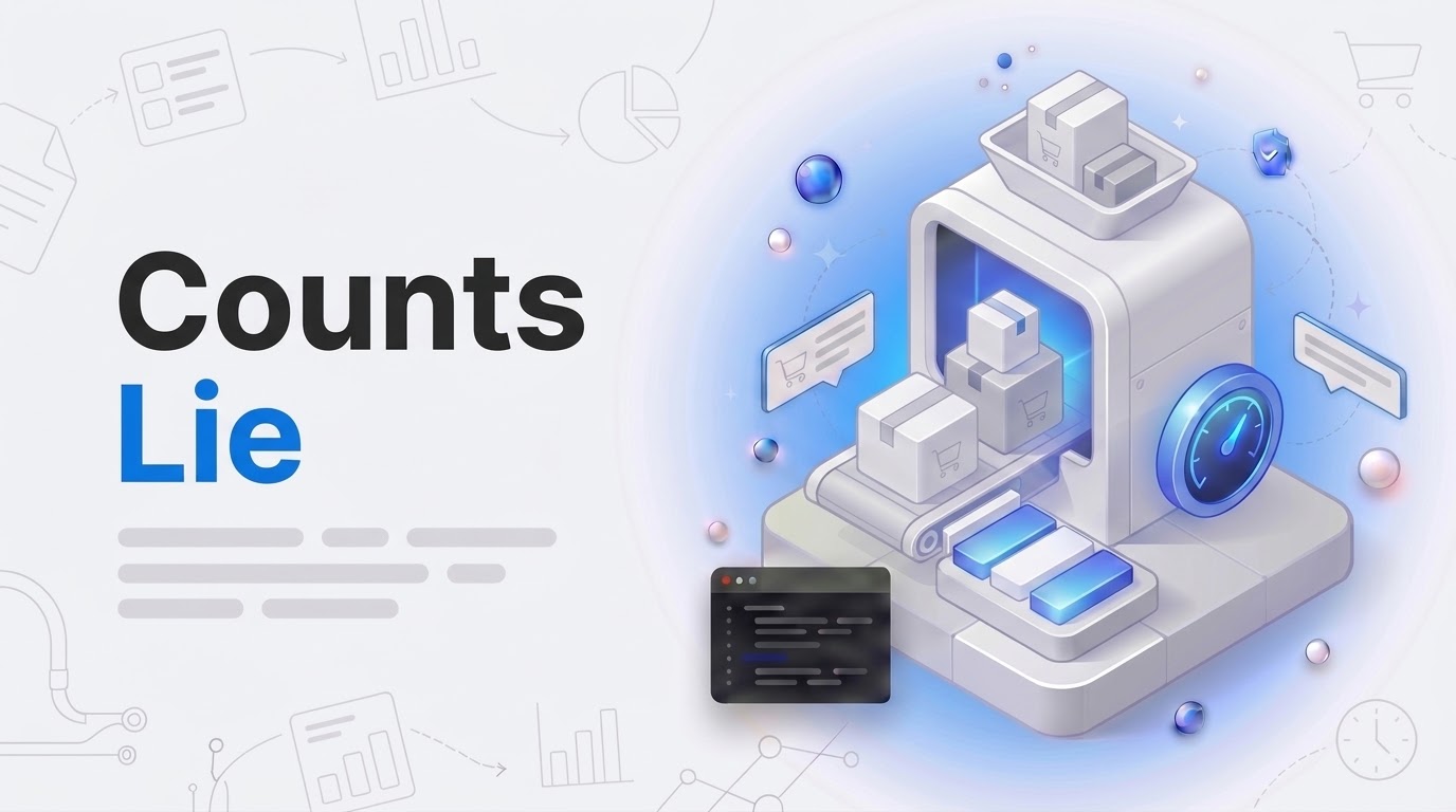 Thumbnail with the words Counts Lie beside an isometric machine turning uneven order crates into equal bars.