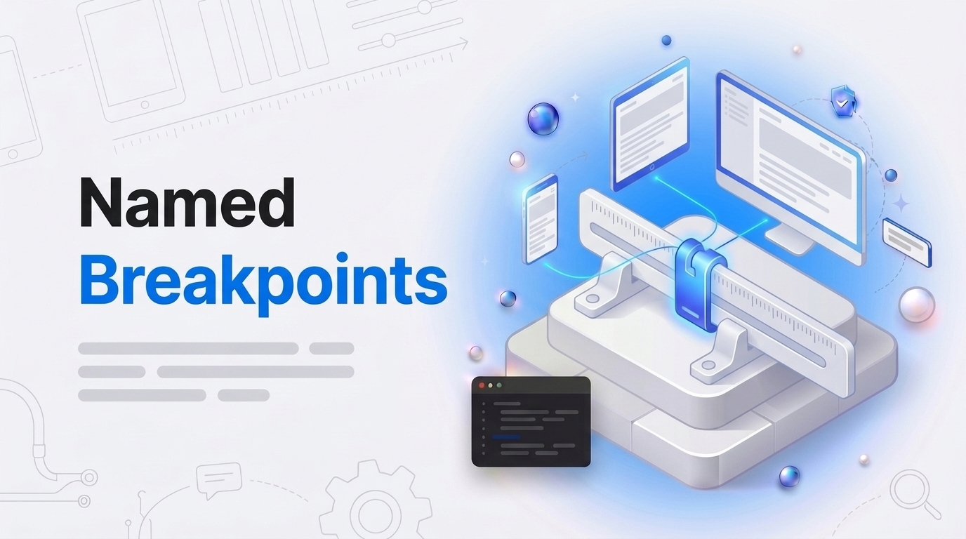 Bold hook "Named Breakpoints" beside an isometric ruler machine feeding lines to three gray screens on a blue gradient.